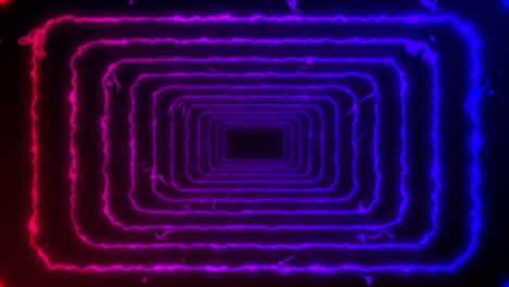 Retro-style-red-and-blue-color-electric-rectangle-tunnel-animation-with-flying-particles