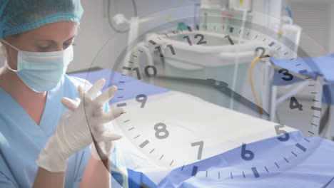 animation of ticking clock against stressed caucasian female surgeon with folded hands at hospital