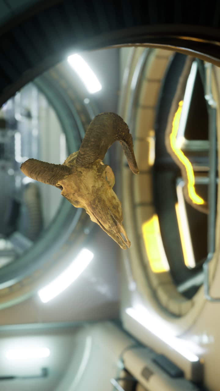 Ram skull suspended in a futuristic space environment with glowing elements