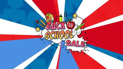 Animation-of-back-to-school-sale-text-and-items-over-rotating-radiating-red,-white-and-blue-lines