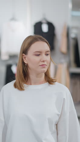 mujer caminando por la tienda de ropa mirando a su alrededor en los estantes de ropa elegante, un entorno brillante y organizado cuenta con artículos de moda de moda