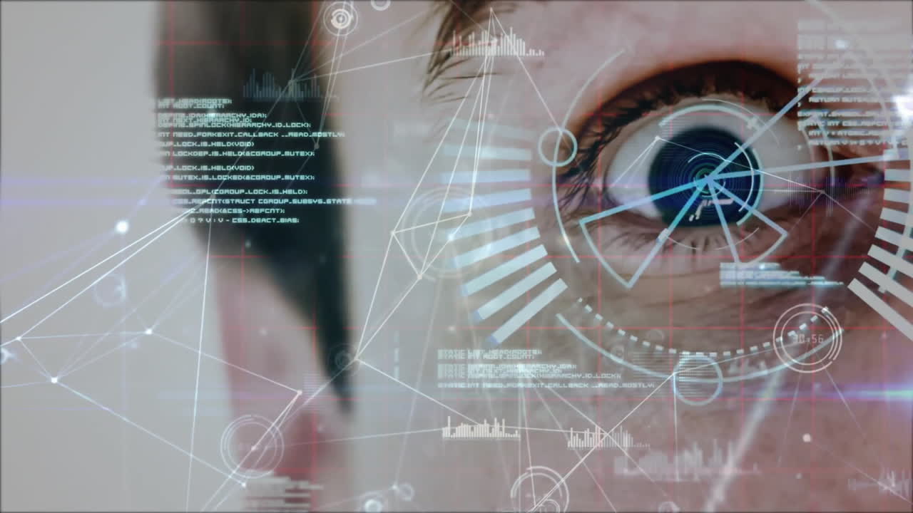 animación de la red de conexiones y datos sobre el ojo del hombre caucásico