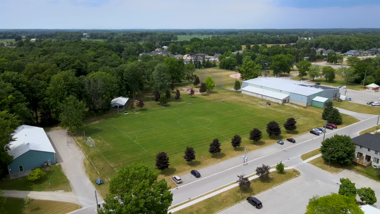 Aerial view of a soccer field nestled in the small town of Mount Brydges