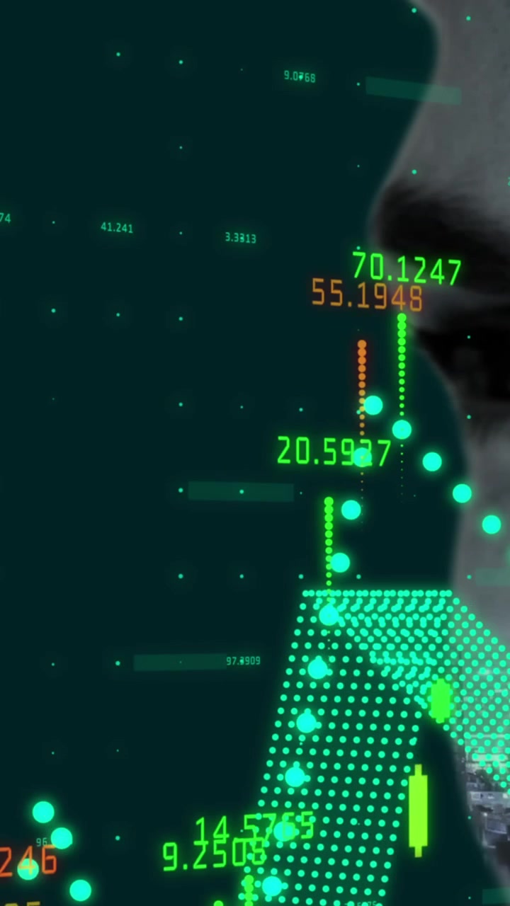 Animation of financial data processing over close up of woman against green background