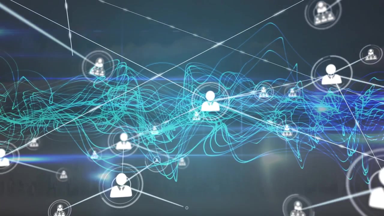 Animation of light trails and icons over clouds