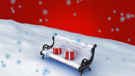 Animation-of-snow-falling-over-two-red-christmas-presents-on-snow-covered-bench