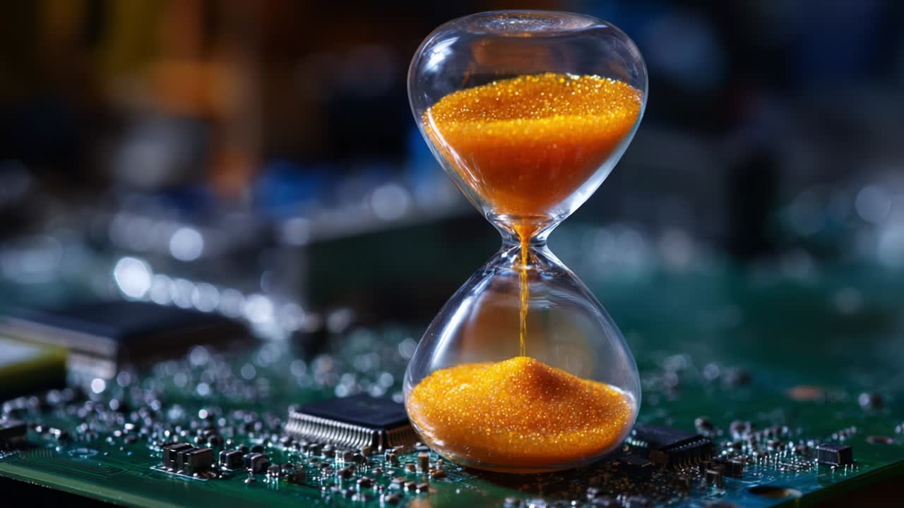 An Intriguing Hourglass Featuring Bright Orange Sand, Set Against a Vibrant Circuit Board Background, Symbolizing the Passage of Time in a Technological Context, Merging Nature with Innovation
