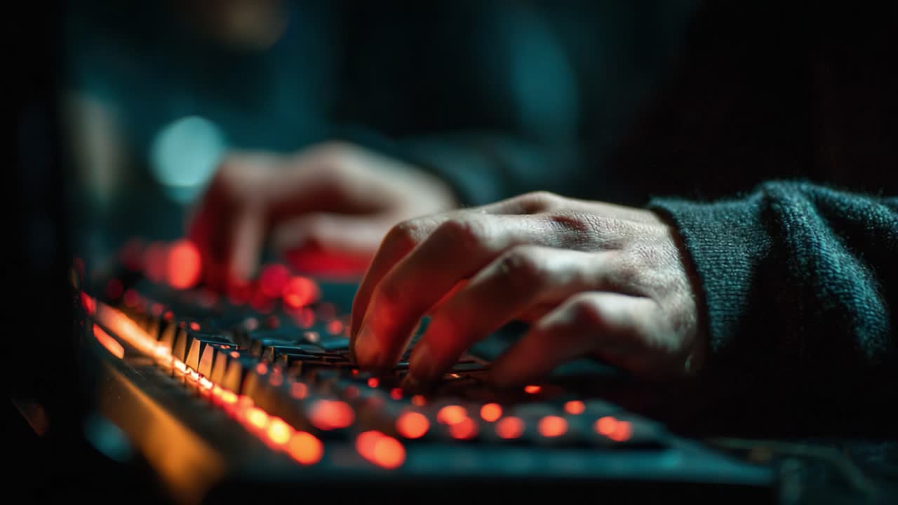 Close-Up of Hands Typing on a Backlit Keyboard, Capturing the Intensity of the Digital Interaction in a Low-Light Environment