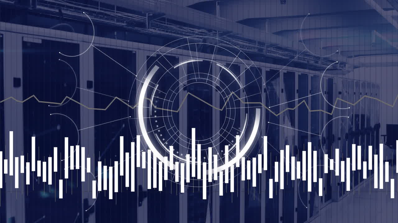 In data center, animation of graphs and charts overlaying server racks