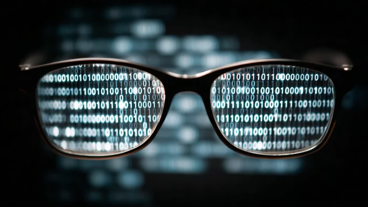 The Interplay of Vision and Technology: A Close-Up of Eyeglasses Reflecting Streams of Binary Data Against a Dark Background