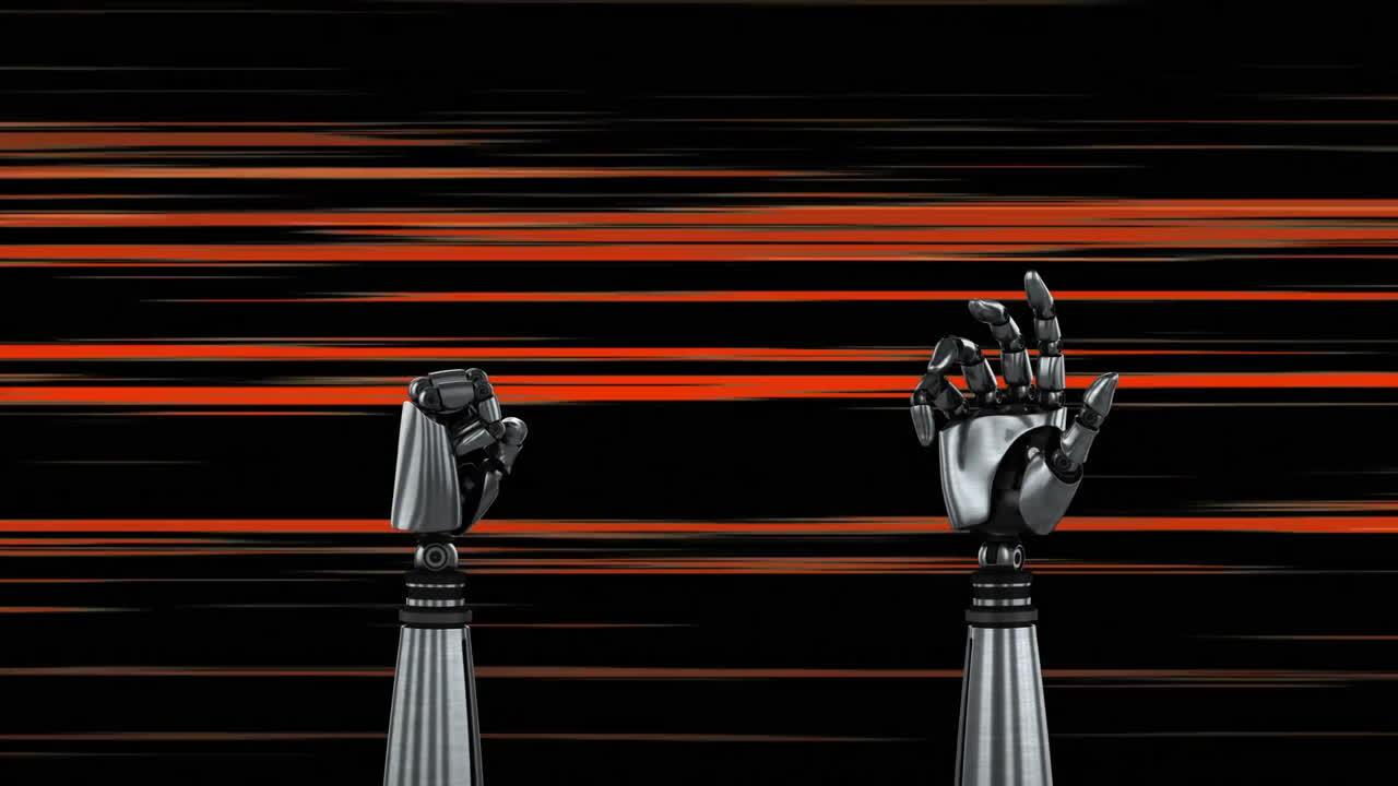 manos robóticas y rastros de luz