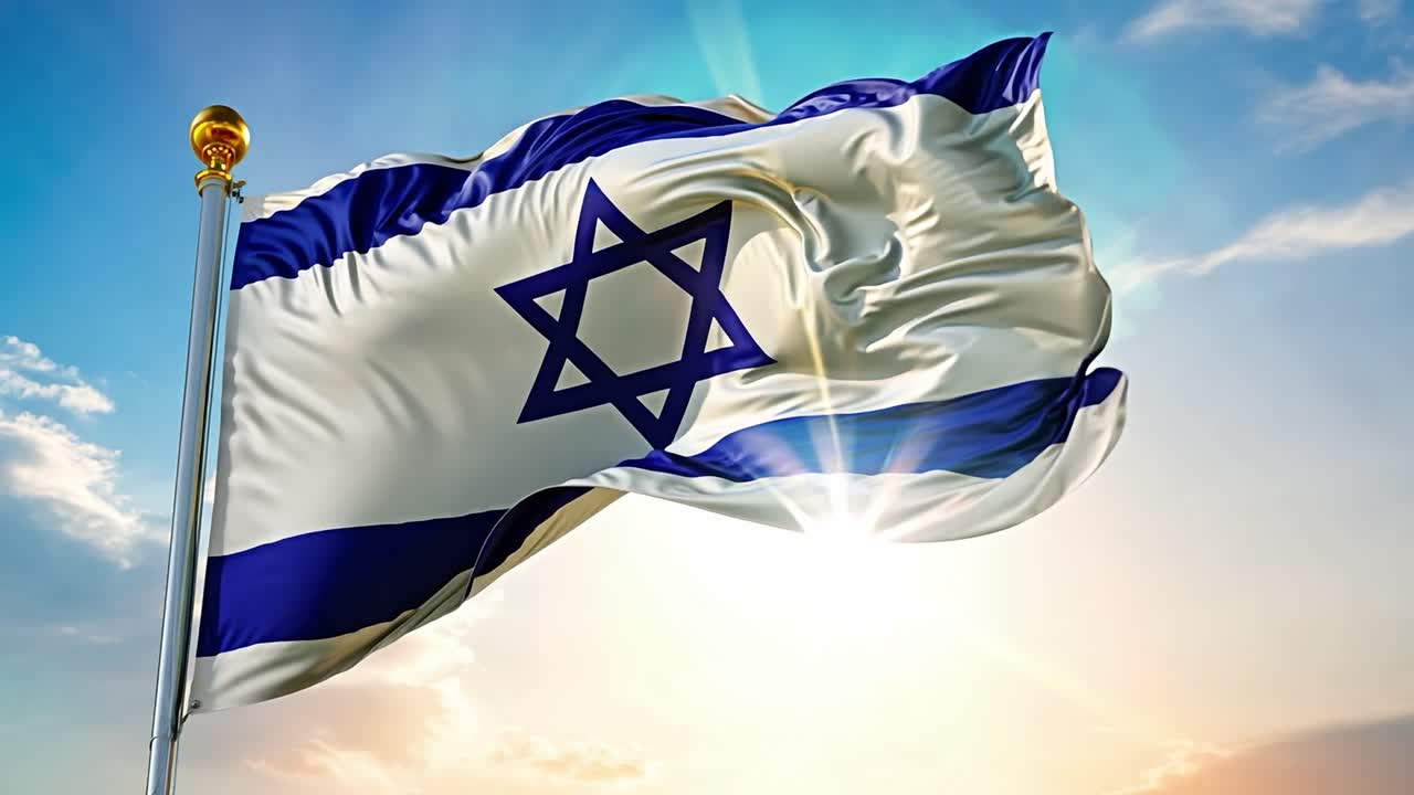Six israeli flags wave proudly in the wind, basking in the warm sunlight against a clear blue sky, symbolizing national pride and cultural heritage