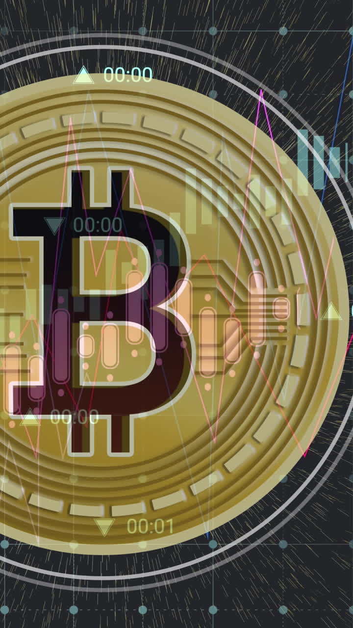 animación del procesamiento de datos y el símbolo de bitcoin sobre fondo negro