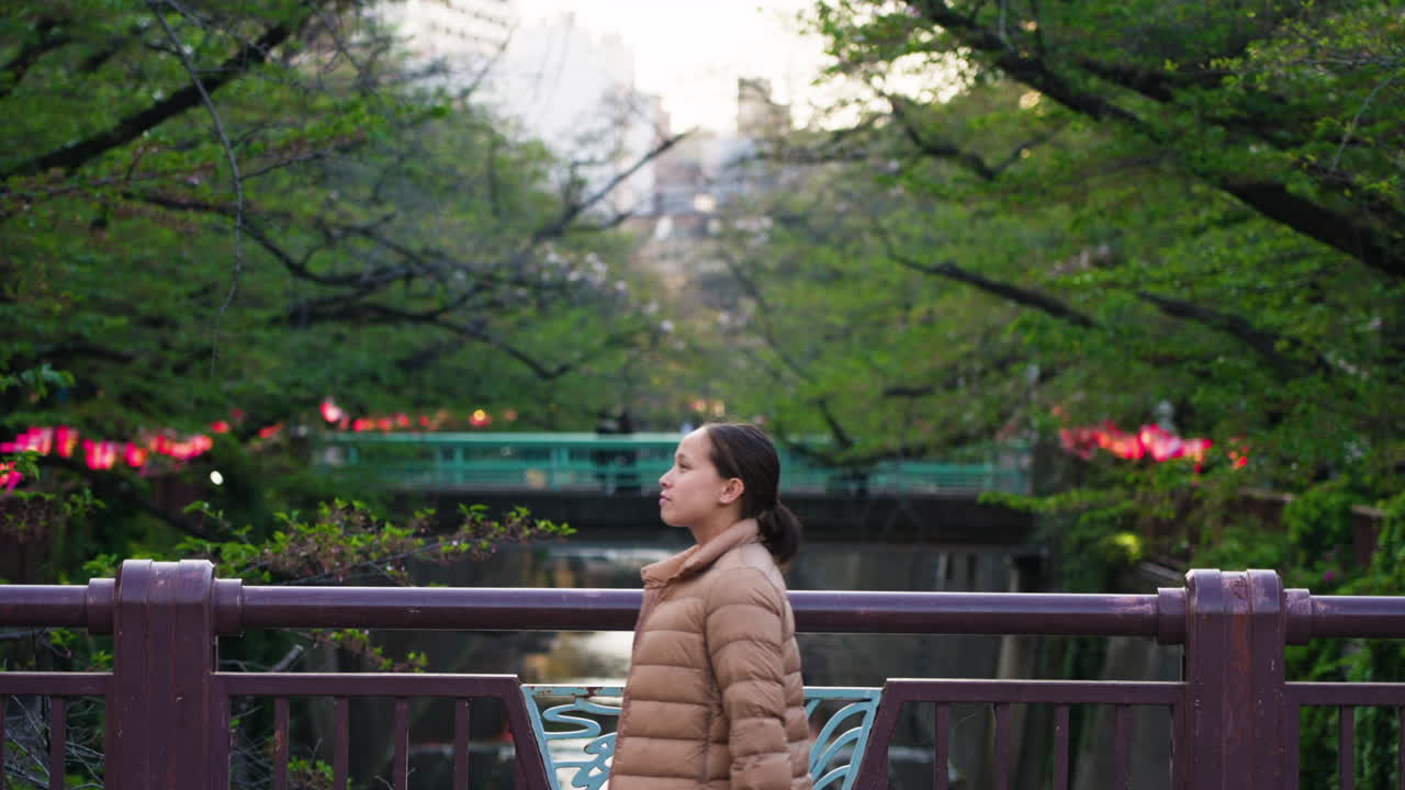 disparo en cámara lenta de una turista caminando a través de un pequeño puente en nara