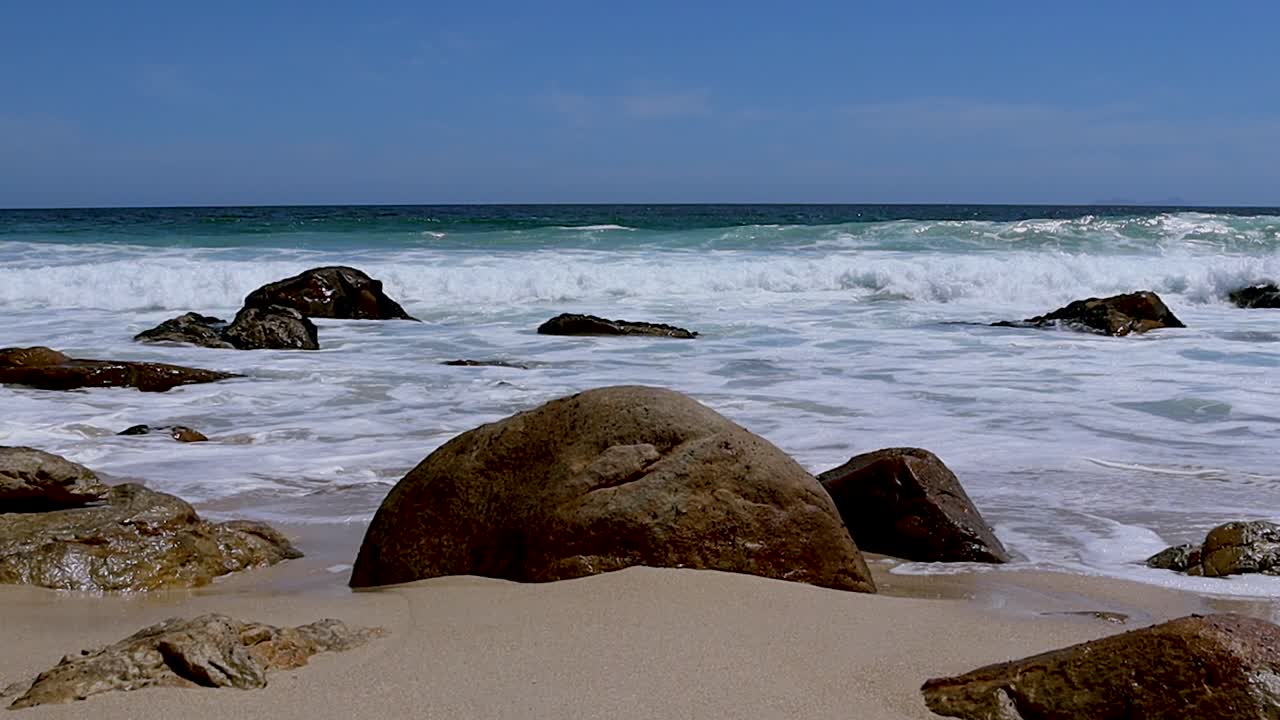 Waves coming into a rocky beach 4K footage at 30fps