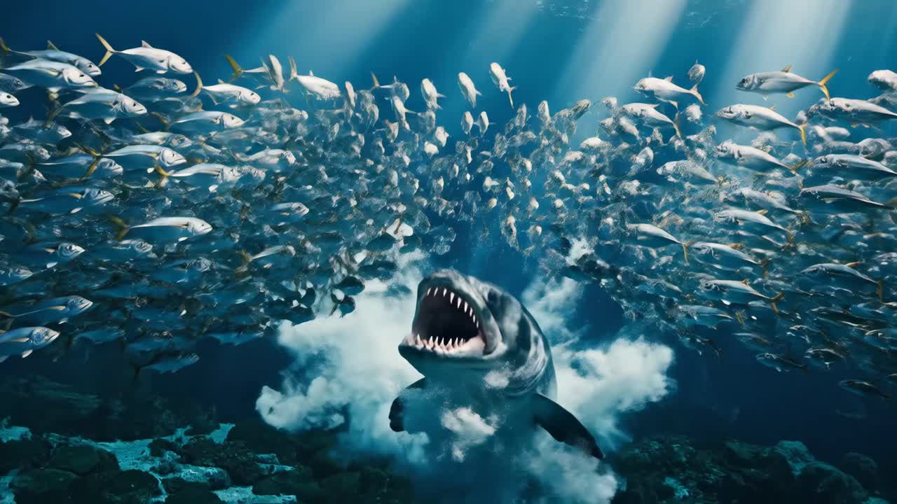 Shark Hunting a School of Fish Underwater