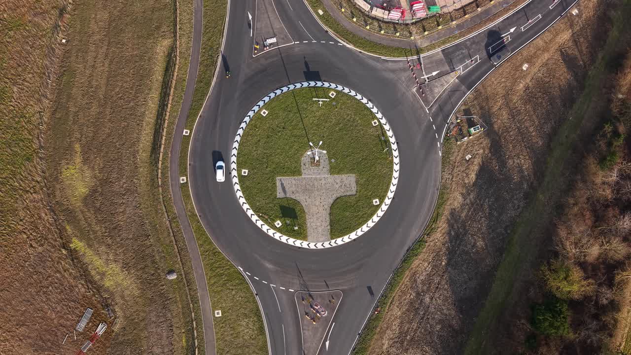 Aerial view of Waddesdon A41 roundabout with cars, UK location