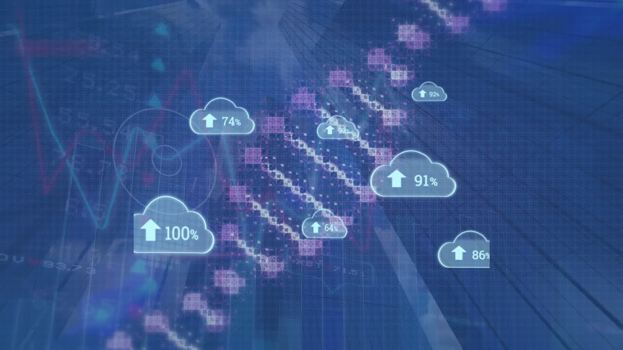 animación de nubes con números y cadenas de adn sobre gráficos y datos en fondo azul