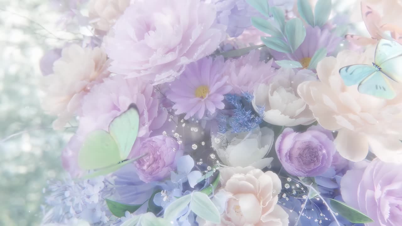 パステルカラーの花と蝶が真上から撮影された、ソフトフォーカス動画。
