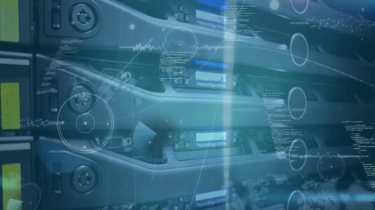 Animation of network of connections and data processing against close up of a computer server