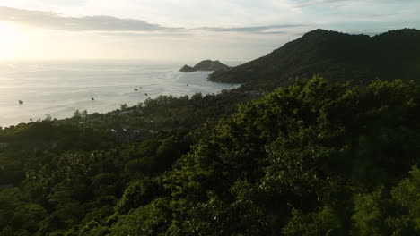 drone taking off from jungle revealing amazing sunset over the highlands of koh tao, thailand south east asia travel destination