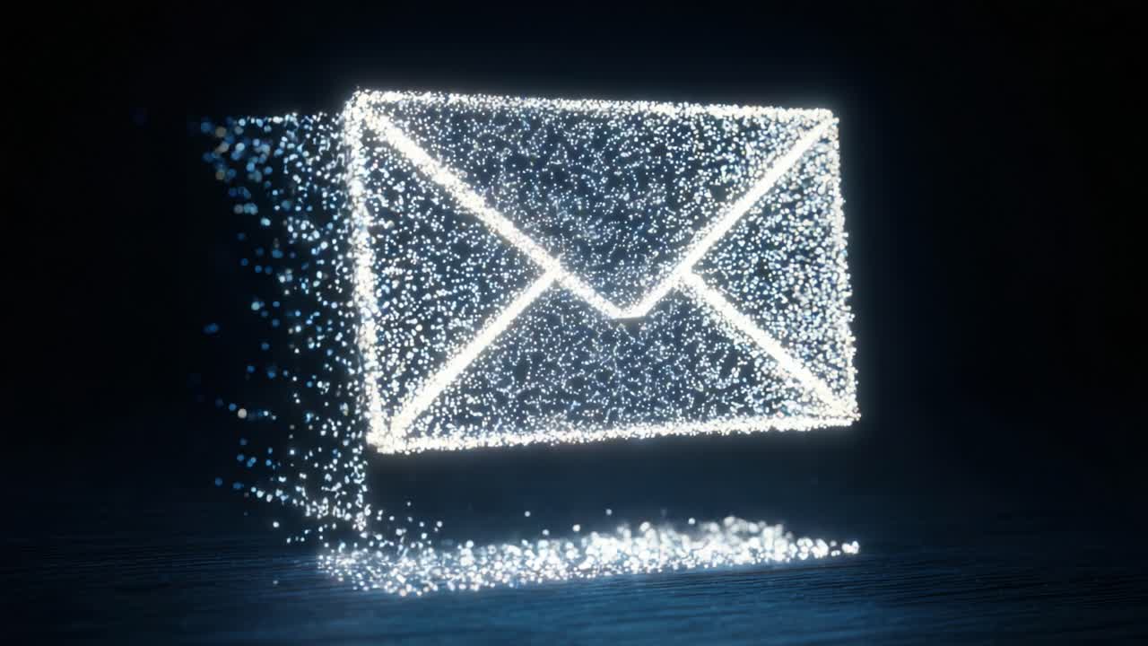 Illuminated Digital Envelope Burst: Visual Representation of Email Communication and Connectivity in a Dark Background with Sparkling Particles Transforming into a Futuristic Origami Shape