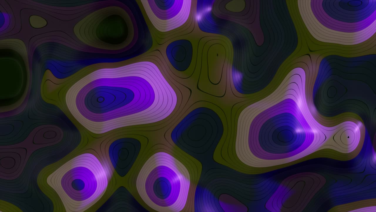 fondo abstracto del concepto de mapa topográfico. rayas del mapa de contorno. valles y montañas. concepto de geografía. telón de fondo ondulado. luz de neón mágica línea de remolino curvo. animación 3d de bucle sin costuras