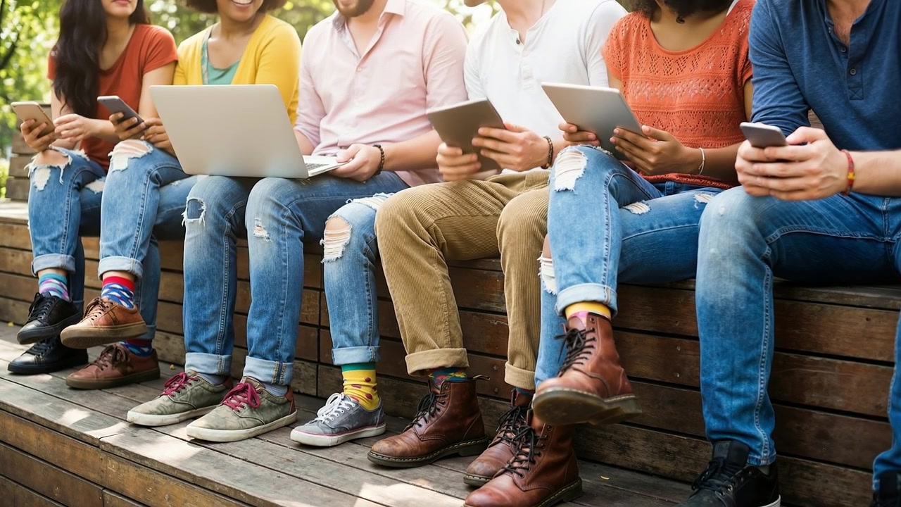 Group of diverse young people sitting together on a bench and using various digital devices and gadgets