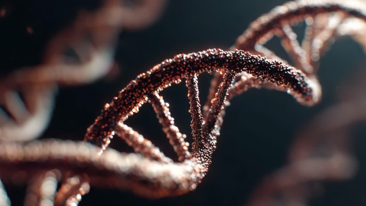 Intricate Visualization of DNA Helix: A Stunning Close-Up of Genetic Material with Sparkling Particles and Futuristic Imagery Revealing Life's Building Blocks