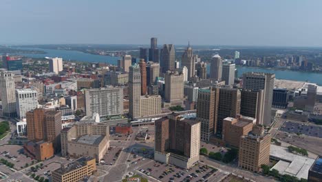 high angle aerial shot of downtown detroit