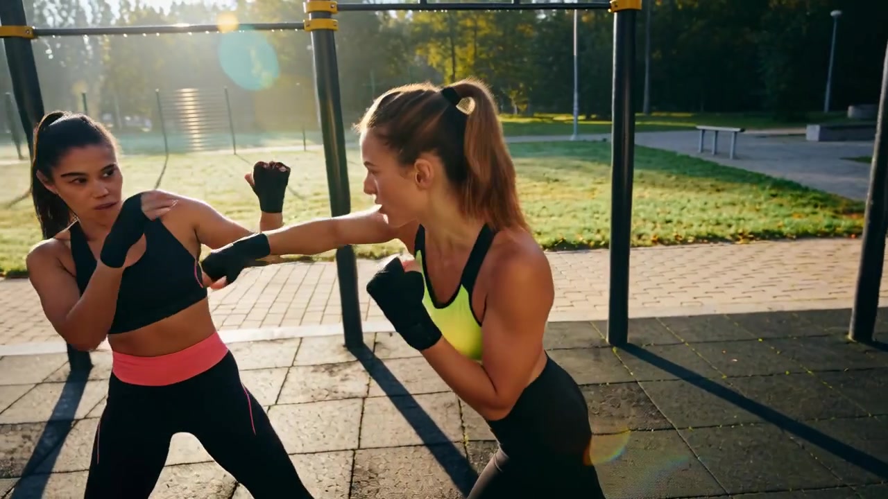 Acercándose a dos mujeres en sujetadores deportivos con vendas en las manos en un equipo de entrenamiento en el parque, intercambiando golpes, entrenando