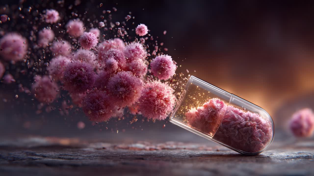 Exploring the Intricate World of Microbial Life: A Captivating Visual Journey of Pink Particles Erupting from a Transparent Capsule, Representing the Hidden Wonders of Nature