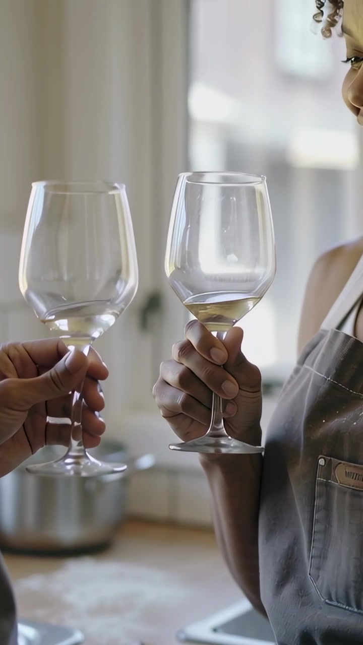 Vertical video: Toasting wine glasses as hands enter, gray-apron woman and friend at stove with pot