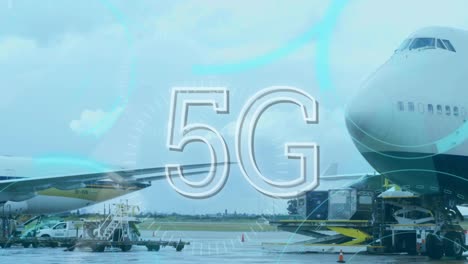 escáneres de texto y neón redondo de 5g contra aviones en el aeropuerto