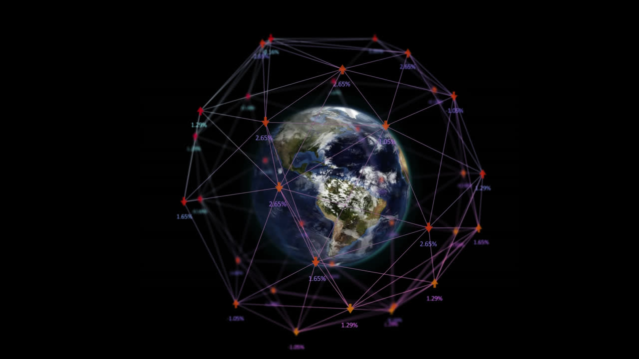 цифровое композитное видео сети связей с числами, плавающими над вращающимся глобусом
