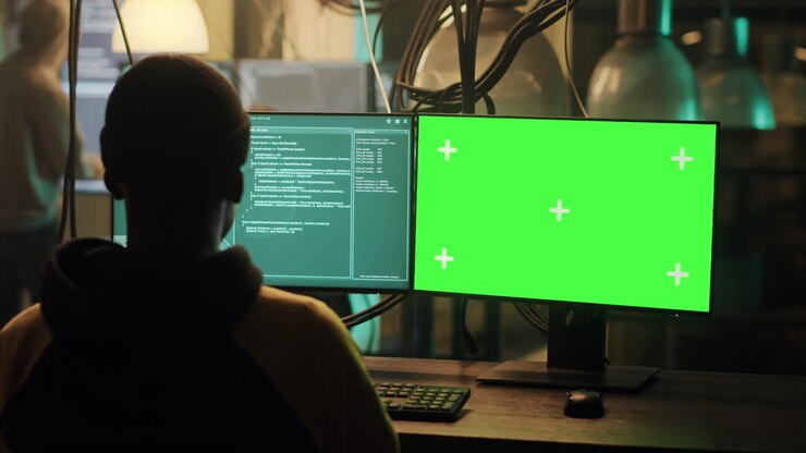 Hacker using computer with green screen for coding