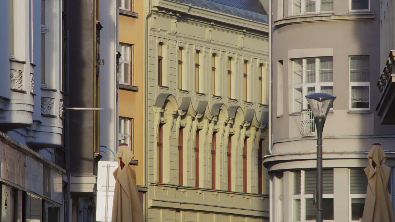 City's ornate architectural stone building facades Ostrava street view