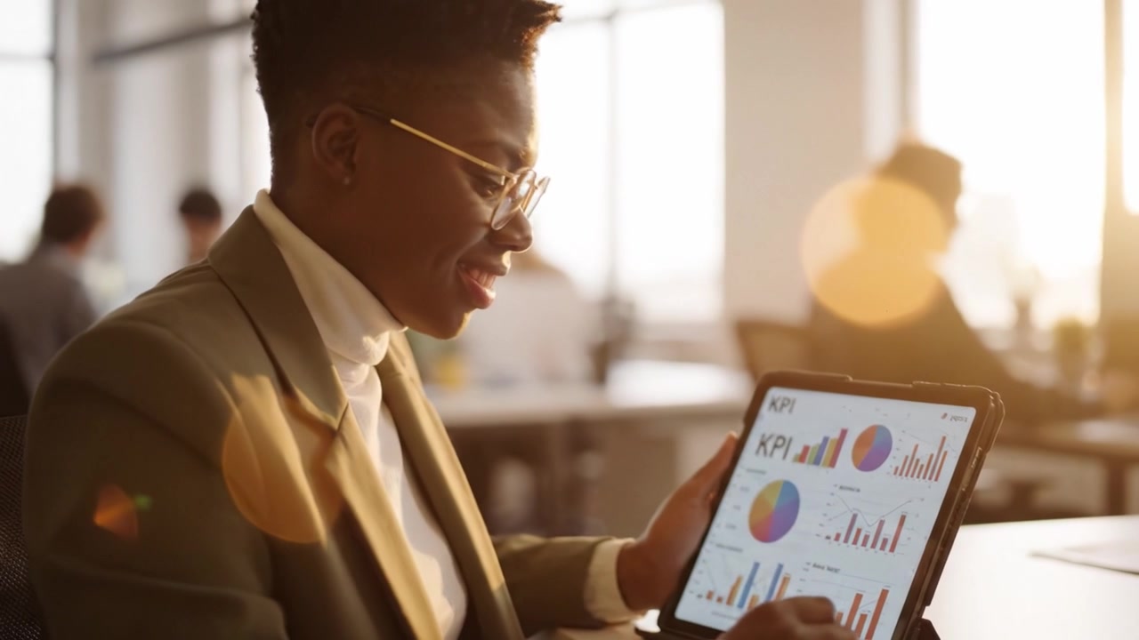 Professional woman analyzing data on a tablet in an office environment, showcasing graphs and charts, highlighting key performance indicators for business insights.