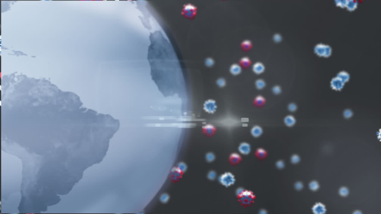 어두운 배경에서 회전하는 지구 위에 떨어지는 코로나19 세포의 애니메이션