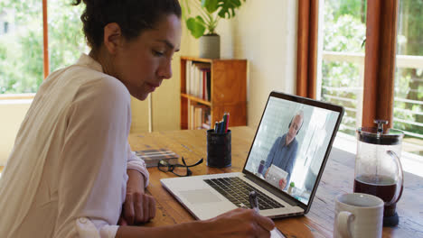 African-american-woman-taking-notes-while-having-video-call-with-male-colleague-on-laptop-at-home