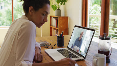 Mujer-Afroamericana-Tomando-Notas-Mientras-Realiza-Una-Videollamada-Con-Un-Colega-Masculino-En-Una-Computadora-Portátil-En-Casa