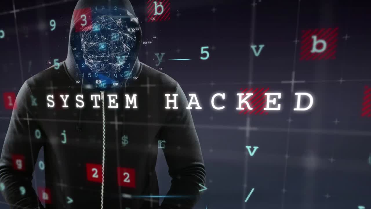 animación del procesamiento de datos y advertencia de ciberataque sobre piratas informáticos