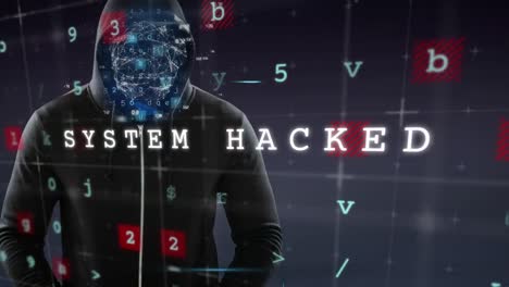 animation of data processing and cyberattack warning over hacker