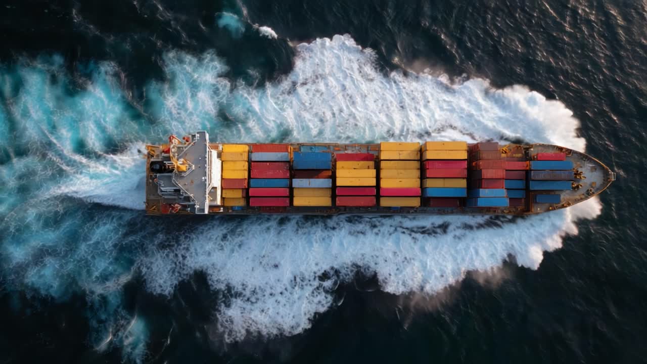 Aerial View of a Cargo Ship Navigating Through Turbulent Waters with Colorful Containers, Showcasing Maritime Transportation and Shipping Industry Dynamics