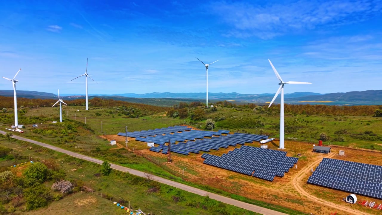 Conjunto de paneles solares y turbinas eólicas en un paisaje verde. Módulos fotovoltaicos cubren el suelo cerca de generadores eólicos bajo un cielo azul claro.