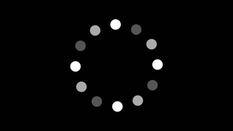 animation of white dot icon that are arranged around each other in a circle on  black background. indicator for loading progress. seamless looping. video animated background.