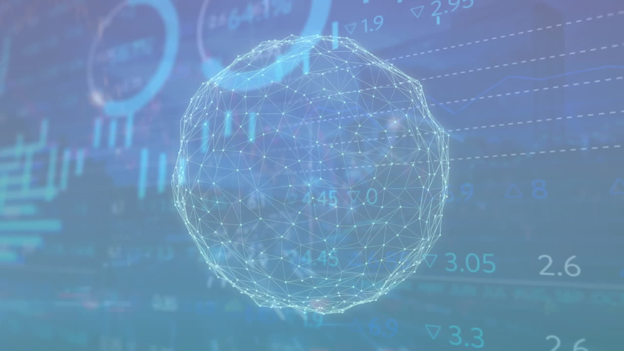 Animation of globe of network of connections against statistical and stock market data processing