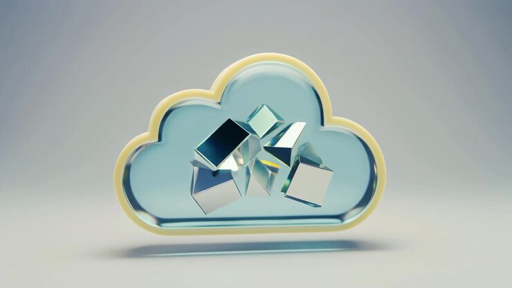 3D Cloud Icon Containing Floating Metallic Geometric Shapes