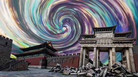 ancient chinese architecture with a twisted sky