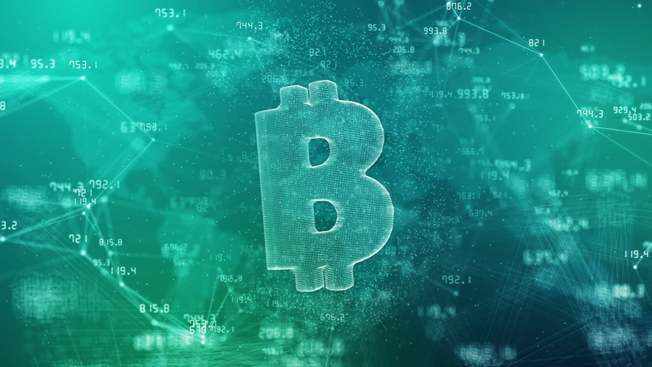 Bitcoin cryptocurrency symbol on green background with changing financial indicators. Lines and dots with moving numbers. Abstract looped animation.